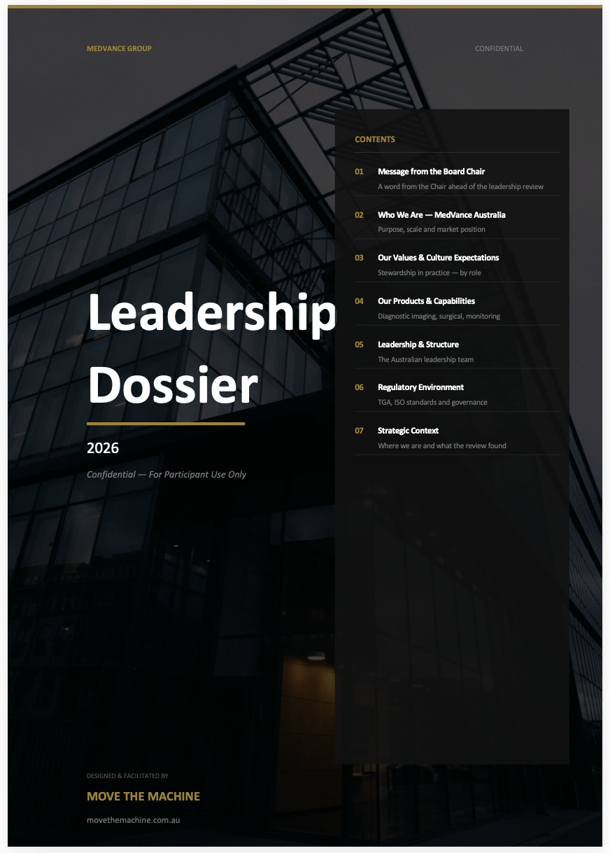 The front cover of the leadership dossier we produced for the session